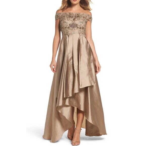 ADRIANNA PAPELL Embellished High/low Off The Shoulder Dress In Antique Gold - Picture 1 of 15